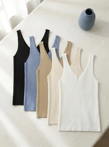 2026 Summer Fashion Women Camisole Ice Silk Knit Tank Top Slim Fit Sleeveless Base Tank Top Solid Color V-Neck Cami