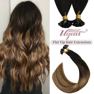 Ugeat Flat Tip Hair Extensions Human Hair Pre-Bonded Hair Extensions 14-24" Keratin Flat Human Hair Balayage Color Hair 1g/1s