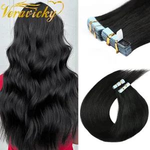 Veravicky Hair Tape In Hair Extensions Natural Remy Human Hair Tiny Tapes 4x0.8cm Skin Weft 20pcs 16-24 inch For Thin Short Hair