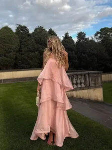 Women Pink Ruffled Strapless Dress Sleeveless Backless Loose Long elegant robes 2025 Lady Vacation Beach Party Evening Gown New