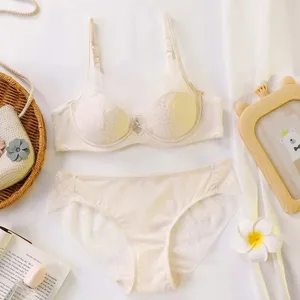Women Bra and Panty Set Elegant Lace Bralette Wireless Triangle Cup No Underwire Underwear Thin Gathered Comfort Lingerie Set