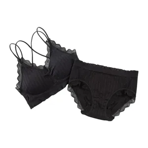 1Set Casual Lace Women Seamless Bra Set with Bra Pads V-Neck Underwear Set Breathable Comfortable Lingerie Set