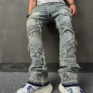 Ripped Men's Jeans Stretchy Denim Streetwear Tearing Patchwork Holes Ripped Denim Loose Casual Pants Slim Fit Straight Trousers