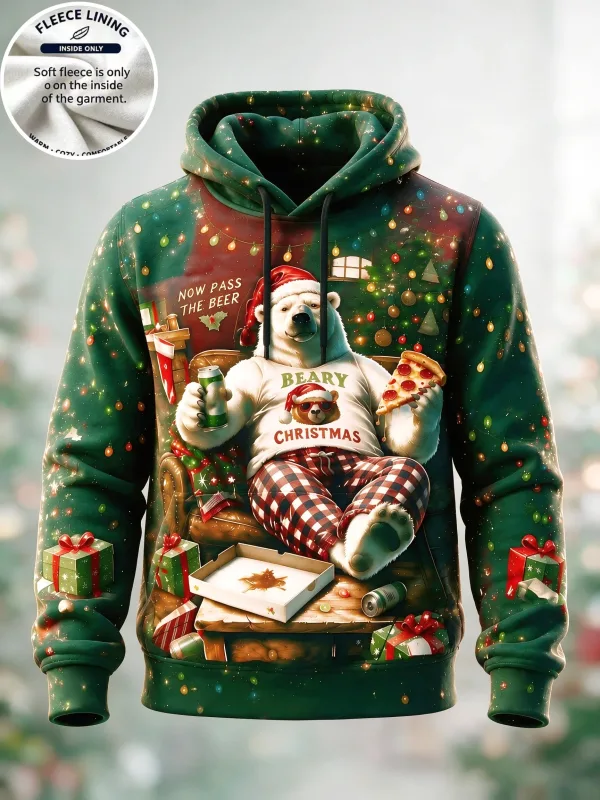 3D Print Christmas Fleece Hoodie Polar Bear Pizza Beer Home Party Pullover Long Sleeve Kangaroo Pocket Holiday Sweatshirt