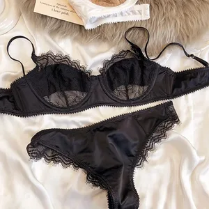 2 Pieces Sexy Ultra Thin Lace Bra Set Women Splicing Color Underwear French Silk Breathable Bras and Panties Intimate Lingerie