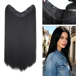 24Inch Synthetic 4-Clip V-Shaped Long Straight Hair Extension Heat-Resistant Fiber Invisible Hairpiece for Women Daily Use