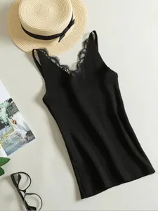 2026 Summer Casual Tops Solid Stitching V-neck Camis Women Hook Flower Lace Tank Female Knitted Short Slim Sleeveless Shirt