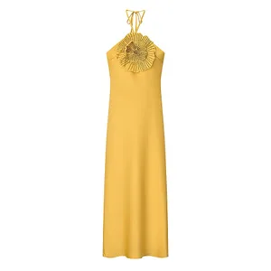 Elegant Party Women's Dress Flower Halter Sleeveless Backless Satin Female Dresses 2025 Summer Chic Evening Lady Robe