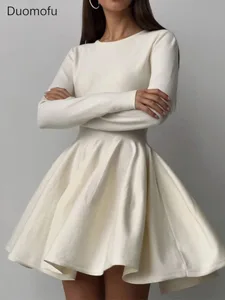 Duomofu Knit Mini Dresses Women Autumn Winter Long Sleeve Sweater Dress Female Elegant Fashion Slim A Line Pleated Dress Vestido