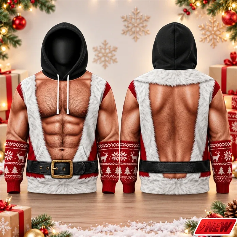 Fashion Christmas Party Streetwear Hoodie Men Holiday 3D Print Funny Fake Muscle Santa Suit Reindeer Graphic Festive Sweatshirt