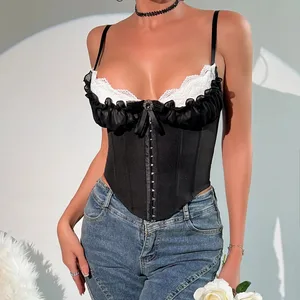 Sexy V Neck Y2K Crop Tops Lace Patchwork Pleated Bowknot Corset Top Sexy Backless Slim Camisole Body Shape Fishbone Bustier