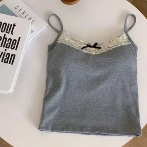 Summer Women's Vest Sleeveless Lace Off Shoulder Sexy Slim Top With Chest Pad Fashionable Tank Top Y2K Female Padded Camisole
