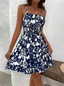Vintage Floral Print Tie-Up Slip Dress Flattering Versatile Beach Resort Style Mini Dress Dressed in Party