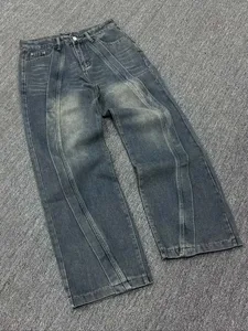Mens Jeans American Vintage Streetwear Dark Blue Wide Leg Denim Pants Patchwork Contrast Stitch Washed Loose Fit Retro Fashion