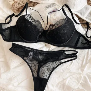 Sexy Hollow Cross Sling Bra French Lace Flowers Embroidery Women Underwear Set Comfort Thin Cup Push Up Bras Romantic Lingerie