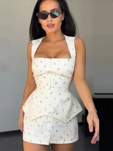 Elegant Floral Printed Mini Dress With Belt Women Square Neck Sleeveless Slim Summer Dresses Lady 2026 New Casual Beach Robes