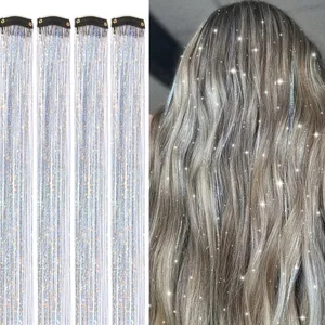 4pcs Clip-In Hair Tinsel Extensions Sparkly Holographic Glitter Hair Strands with Snap Clips Reusable Easy-To-Wear Hair