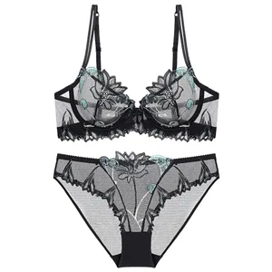 Sexy Lace Flowers Embroidery Bra Set Ultra Thin Breathable Steel Ring Bralette Lingerie French Underwear Set70-90 B C D
