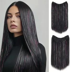24Inch Long Straight Synthetic Clip‑in Hair Extensions Glitter Laser Tinsel Hair High‑Temp Fiber Shiny Hairpiece for Women Daily