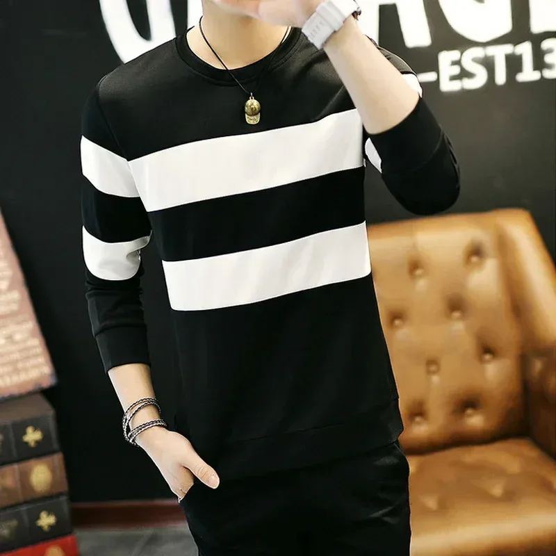 Black White Striped Sweatshirts Mens 2025 Spring Autumn Long Sleeve Sweatshirts Slim Fit Male Tracksuit Pullover Hoodie Clothing
