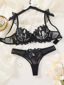 A4 Black 3D Floral Embroidery Lingerie Set Women Ruffle Underwire Bra & Thong Set Sheer Mesh Sexy Romantic Intimate Underwear