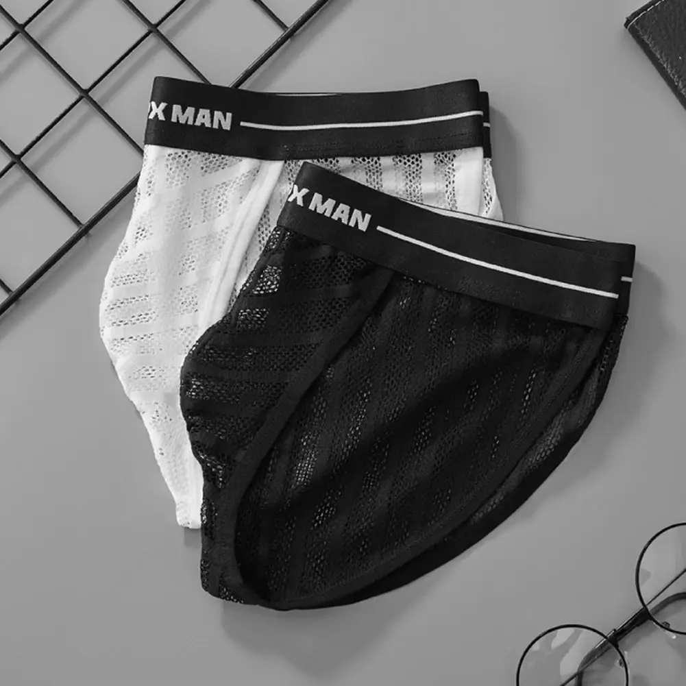 Summer Men Fashion Striped Underwear Sheer Mesh Bulge Pouch Briefs Breathable Cool Lingerie Low Rise Man Panties