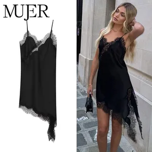 2025 Lace Slip Dress Woman Black Backless Short Dresses for Women Asymmetric Party Women's Summer Dress Satin Sexy Dresses