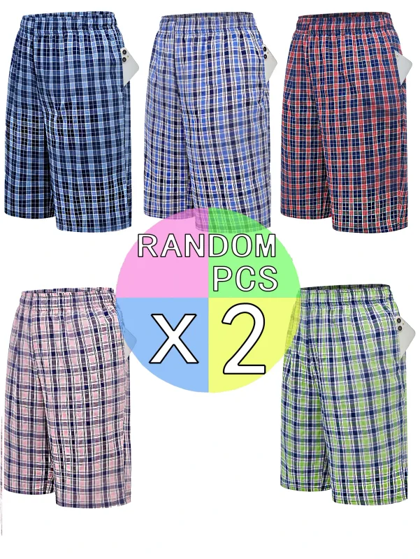Men's Long Beach Flat Corner Pants Casual Checkered Elastic Waistband Comfortable Home Casual Sleeping Youth Boxing Pants Mens