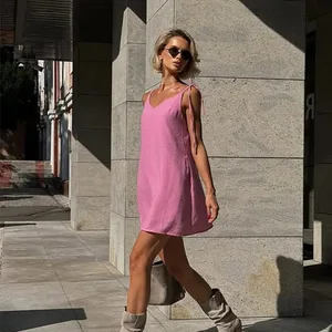 Ahagaga Fashion Women's Dresses Solid Straps Bandage Regular Causal V-Neck Sleeveless Summer Camisole Loose Sweet Femlae Vestido