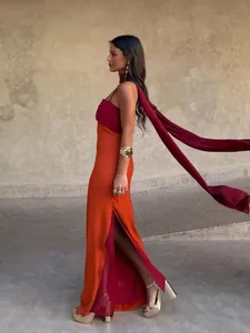 Sexy Color Blocking Scarf Collar Sling Dress Women Chic Waist Cinching Split Bodycon Maxi Dresses 2026 Lady Club Party Vestido