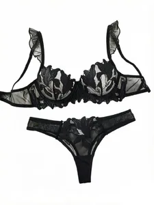 Sexy Black Floral Embroidery Lingerie Set Sheer Mesh Ruffle Sleeve Underwire Bra Panty Intimate Wear