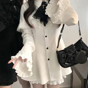Vintage Lolita Style Mini Dress Set Women Gothic Y2k Loose Flare Sleeve Fake Two Pieces Party Dresses Female Kawaii Cute Vestido