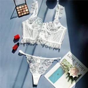 Sexy Bra Brief Set Ruffles Dot Lingerie Embroidery Flowers Solid Panties Underwear Lace Two Back Closure Intimate Exotic Sets