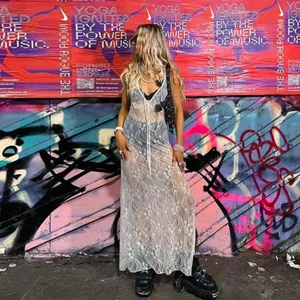 Y2k Sexy Lace Floral See-through Slip Club Night Party Dresses for Women 2024 Spring Summer Beach Casual Cover-up Long Dress