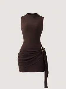 Women's Elegant Texture Fabric Pleating Waist Sice Ribbon Slim Fit Mini Dresses Casual Metal Buckle Solid Color Dress Summer