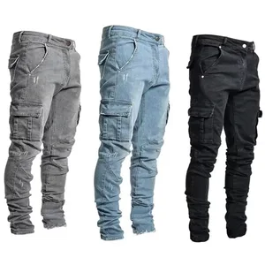Men Casual Pencil Jeans Male Elastic Multi Pocket Small Slim High Street Denim Pants Wash Solid Color Mid Waist Cargo Jeans