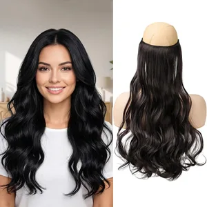 32' Invisible Wire Hair Extensions Curly Black No Clip One Piece Synthetic Hair Piece for Women Natural Long Heat Resistant
