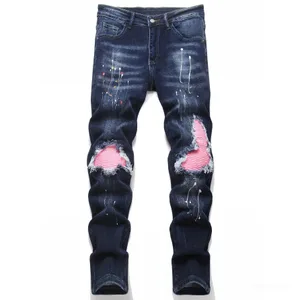 Men Skinny High Stretch Ripped Denim Jeans for Man Casual Pants Slim Fit Biker Trousers Hole Patchwork Paint Splatter Male Jeans
