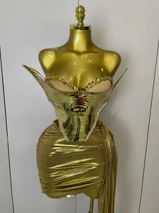 2025 Sparkly Gold Sequin Sexy Top Two Pieces Set Women Celebrate Party Birthday NightClub Performance Dancer Show Stage Outfit