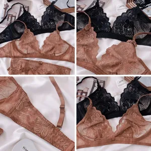 Sexy Black Lace Lingerie Set for Women Comfortable Wireless Bra & Panty Set Large Size
