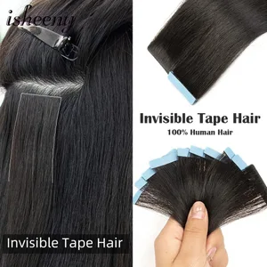 Isheeny Invisible Tape In Hair Extensions 12" 16" 20" Skin Weft Tape Ins 10pcs Natural Straight Machine Made Remy Human Hair