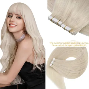 VeSunny Tape in Hair Extensions Real Human Hair Invisible Remy Hair Extensions Tape Ins for Women White Platinum Blonde 26 Inch