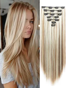 Clip in Hair Extensions 22 Inch Brown Mix Blonde Long Hair Extensions Clip Ins 7PCS Soft Synthetic Hairpieces for Women