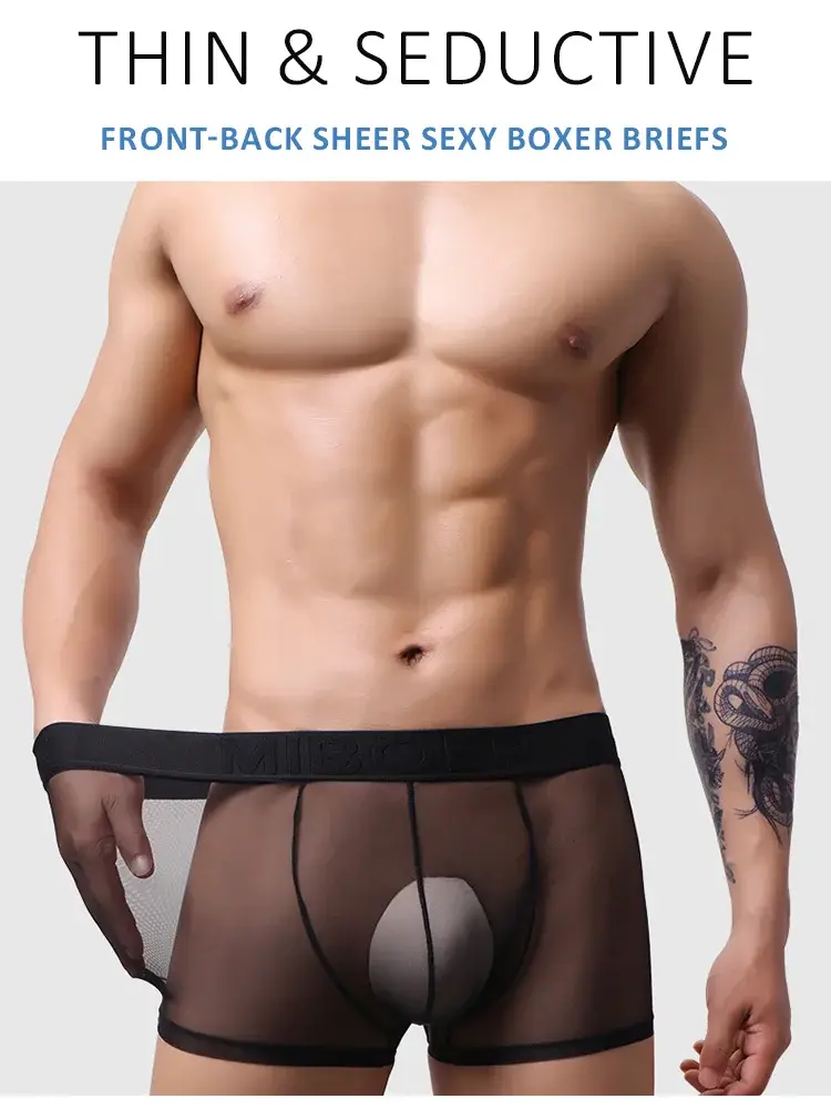 Men's Transparent Full Mesh Boxer Briefs See-Through Underwear Low Rise U-Pouch Breathable Sexy Low-Rise Elastic Waistband