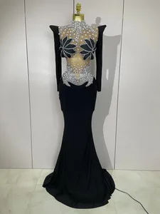 Luxury Sparkly Diamonds Pearl White See Through Mesh Long Dress Women Wedding Evening Party Stage Performance Photoshoot Dress