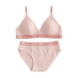 Comfortable Letter Design Lingerie Set Deep V Lace Women Underwear Suit Color Blocking Wireless Bra Panties Set Daily