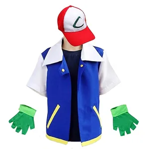 Pokemon Anime Ash Ketchum Costumes Adult Kids Halloween Trainer Cosplay Party Blue Jacket Cap and Gloves Sets Role Play Clothes