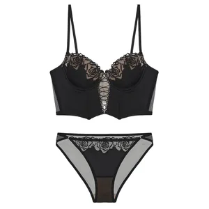 Women Sexy Lace Push Up Bra Set Flower Embroidery Lingerie Bra Snd Panty Set Elegant Ladies Padded Underwear