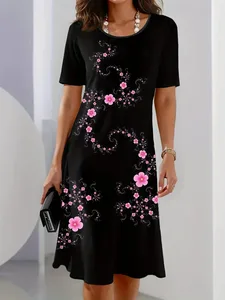 Women's Elegant Casual Floral Print Dress Black with Pink Flowers Dresses Woman Summer Women's Short -Sleeved Y2k Ladies Clothes