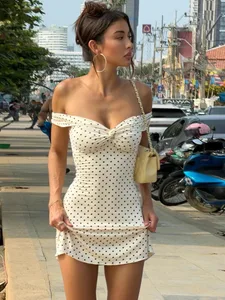 Whatiwear Sexy Trend Dress Women Polka Dot Print Slash Neck Ruched Patchwork Sleeveless Fashion Summer Street Party Mini Bodycon
